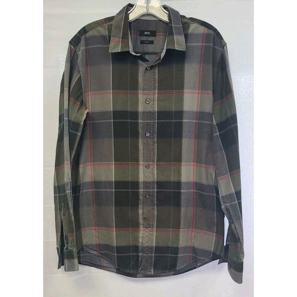 Hugo Boss Mens Sz Large Long Sleeve Plaid Button Up Olive Gray Collared Shirt